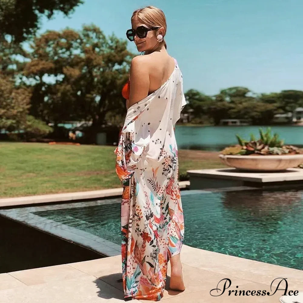 White Flowery Print Baggy Kimono Beach Cover up - Image 2