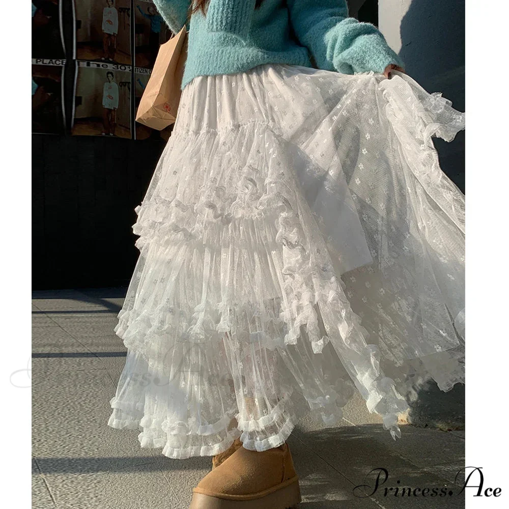 White Flowery Tulle Full-Length Skirt - Image 2