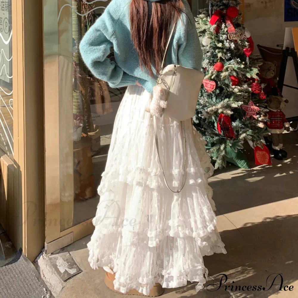 White Flowery Tulle Full-Length Skirt - Image 3