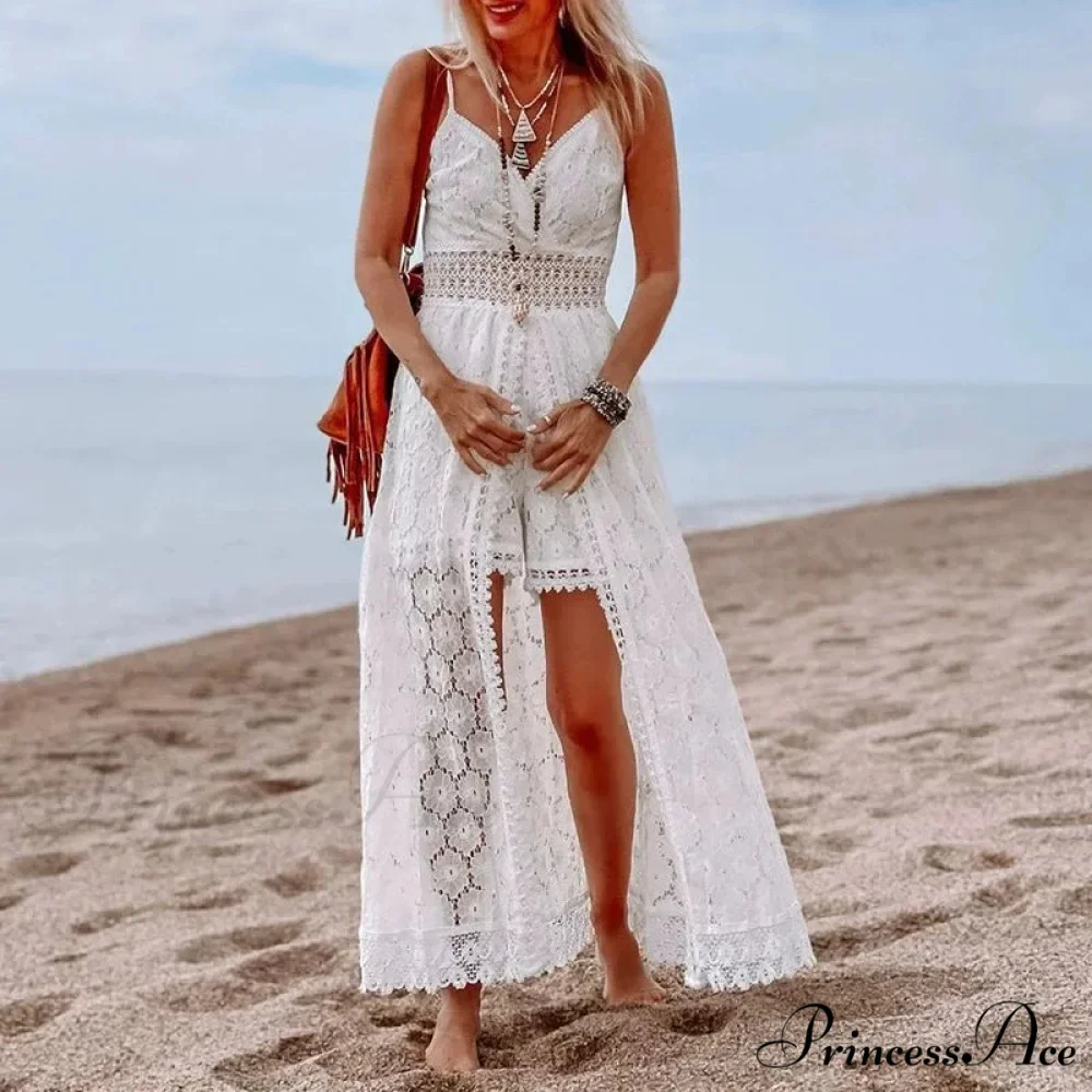 White Hollow Out Lace Strapless Seductive Split Midi Boho Dress - Image 2