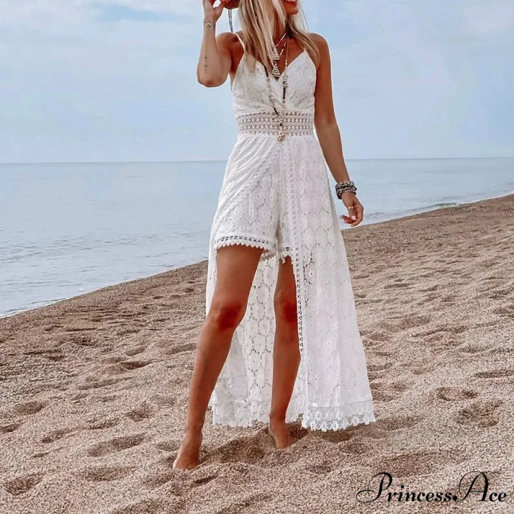 White Hollow Out Lace Strapless Seductive Split Midi Boho Dress - Image 3