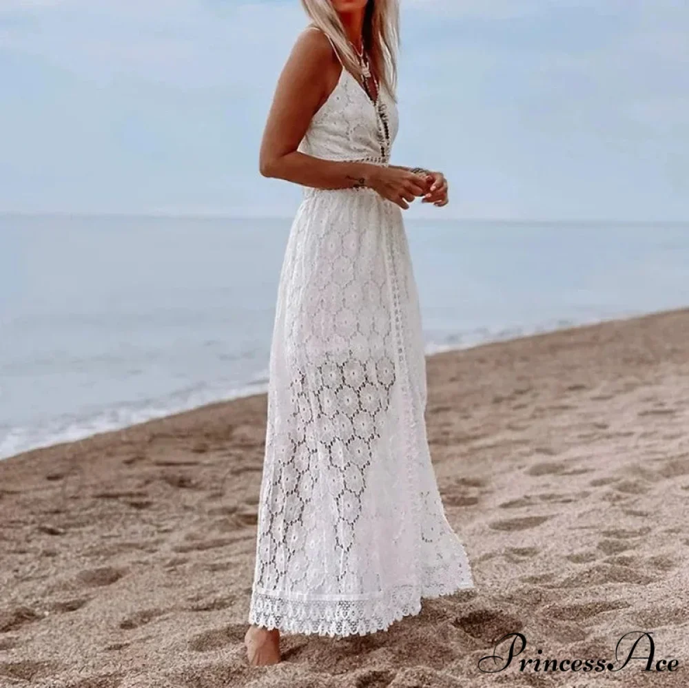 White Hollow Out Lace Strapless Seductive Split Midi Boho Dress - Image 4