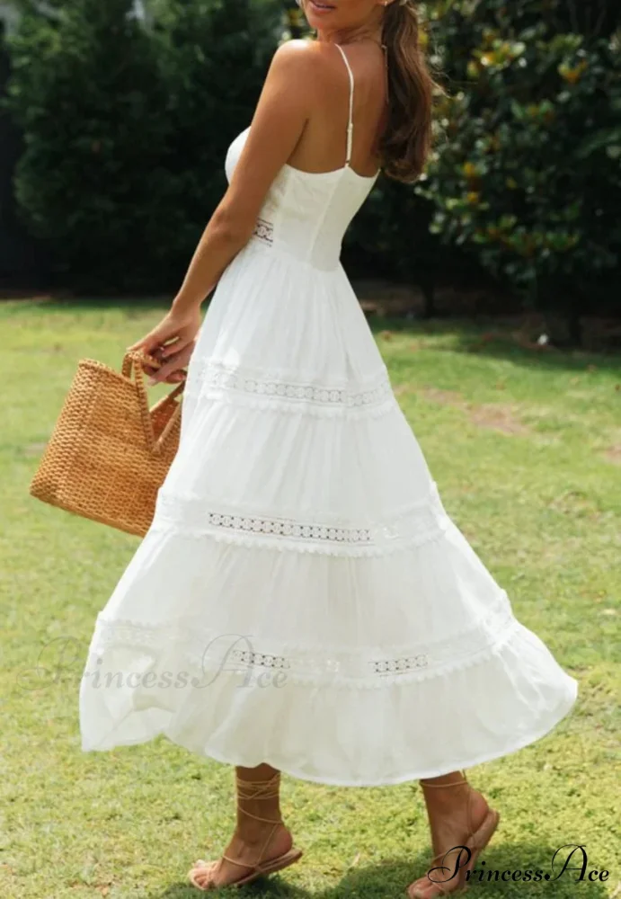 White Hollow Out Strapless Separated Sleeveless Maxi Boho Dress - Image 5