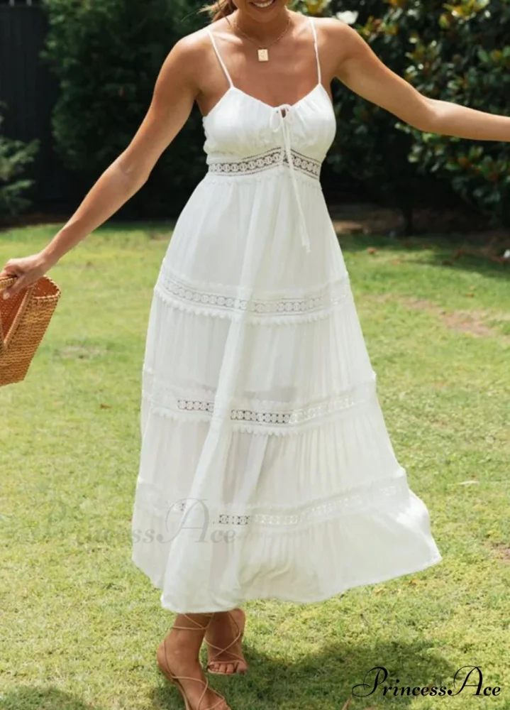 White Hollow Out Strapless Separated Sleeveless Maxi Boho Dress - Image 6