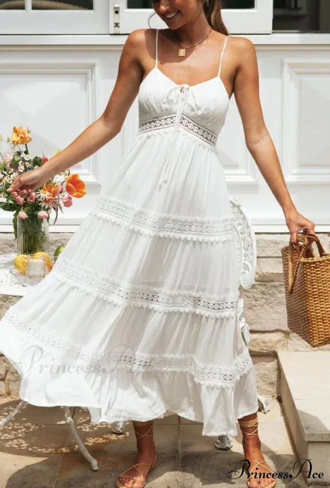 White Hollow Out Strapless Separated Sleeveless Maxi Boho Dress - Image 7