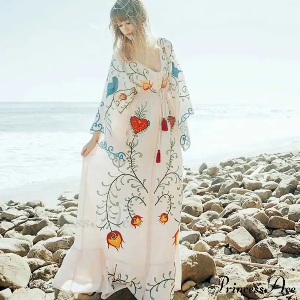 White Long Dress Cotton Floral Stitching Seductive V-neck Beach Dress - Image 2
