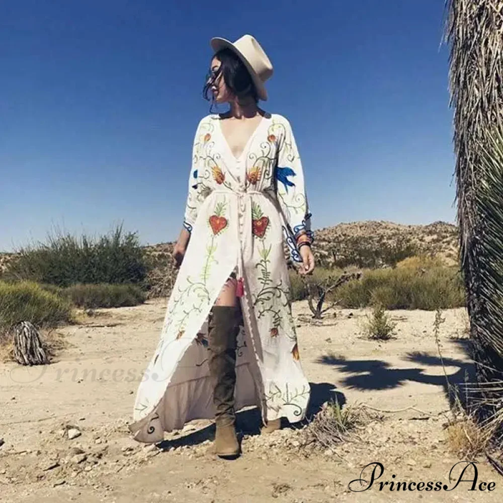 White Long Dress Cotton Floral Stitching Seductive V-neck Beach Dress - Image 3