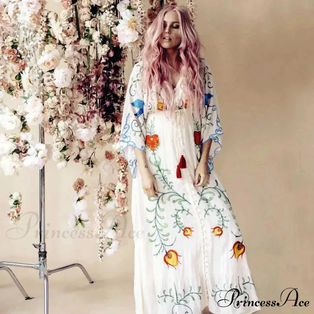 White Long Dress Cotton Floral Stitching Seductive V-neck Beach Dress - Image 4