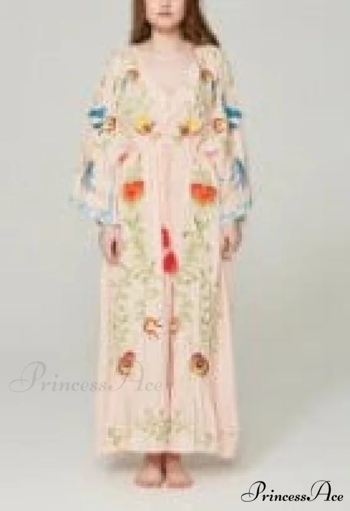 White Long Dress Cotton Floral Stitching Seductive V-neck Beach Dress - Image 6