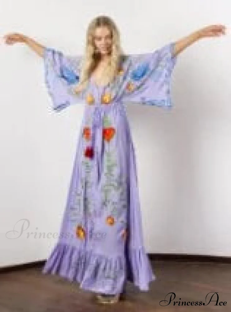 White Long Dress Cotton Floral Stitching Seductive V-neck Beach Dress - Image 7