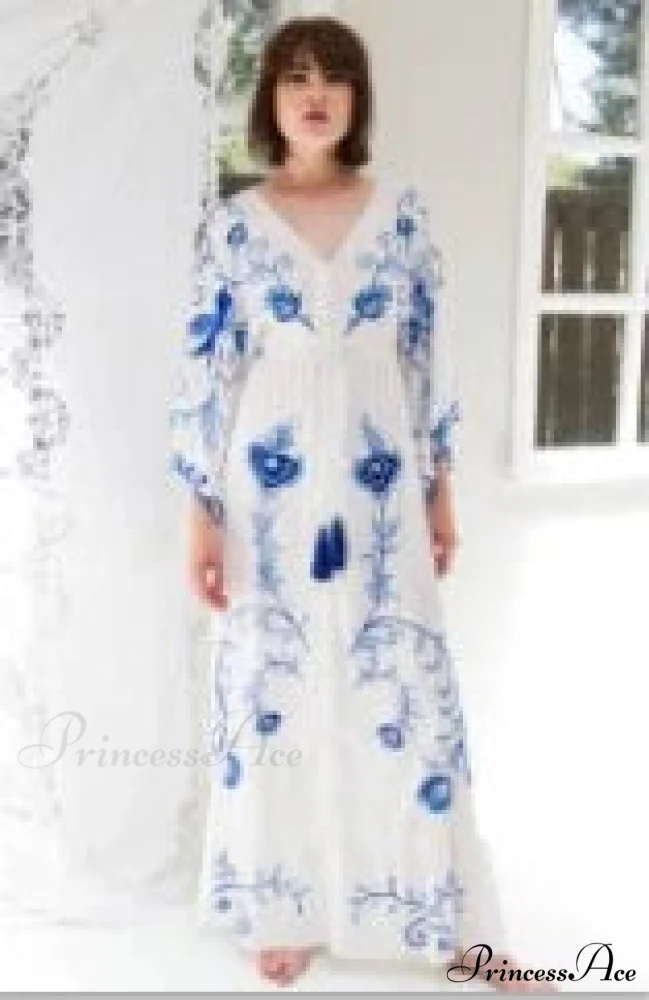 White Long Dress Cotton Floral Stitching Seductive V-neck Beach Dress - Image 8