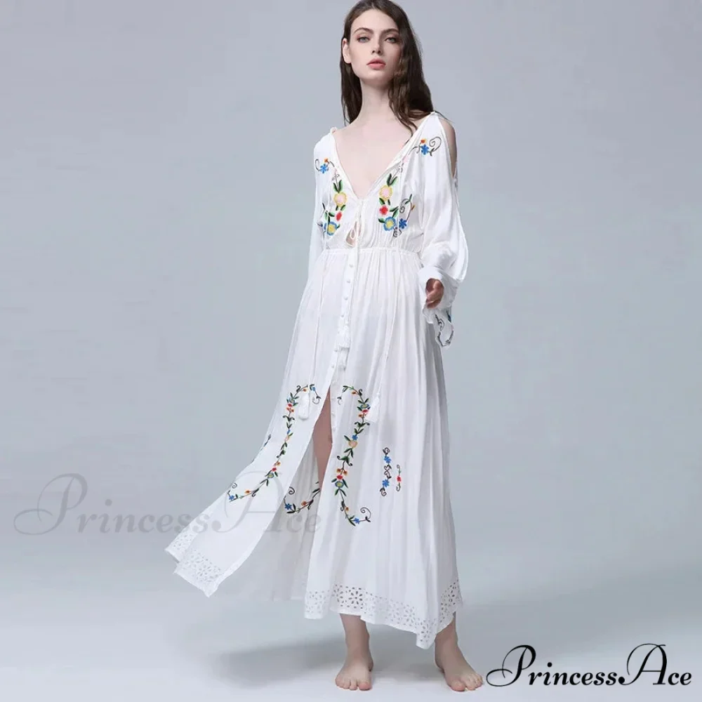 White Long Dress Deep Plunge-neck Floral Stitching Cotton Rayon Summer Dress - Image 2