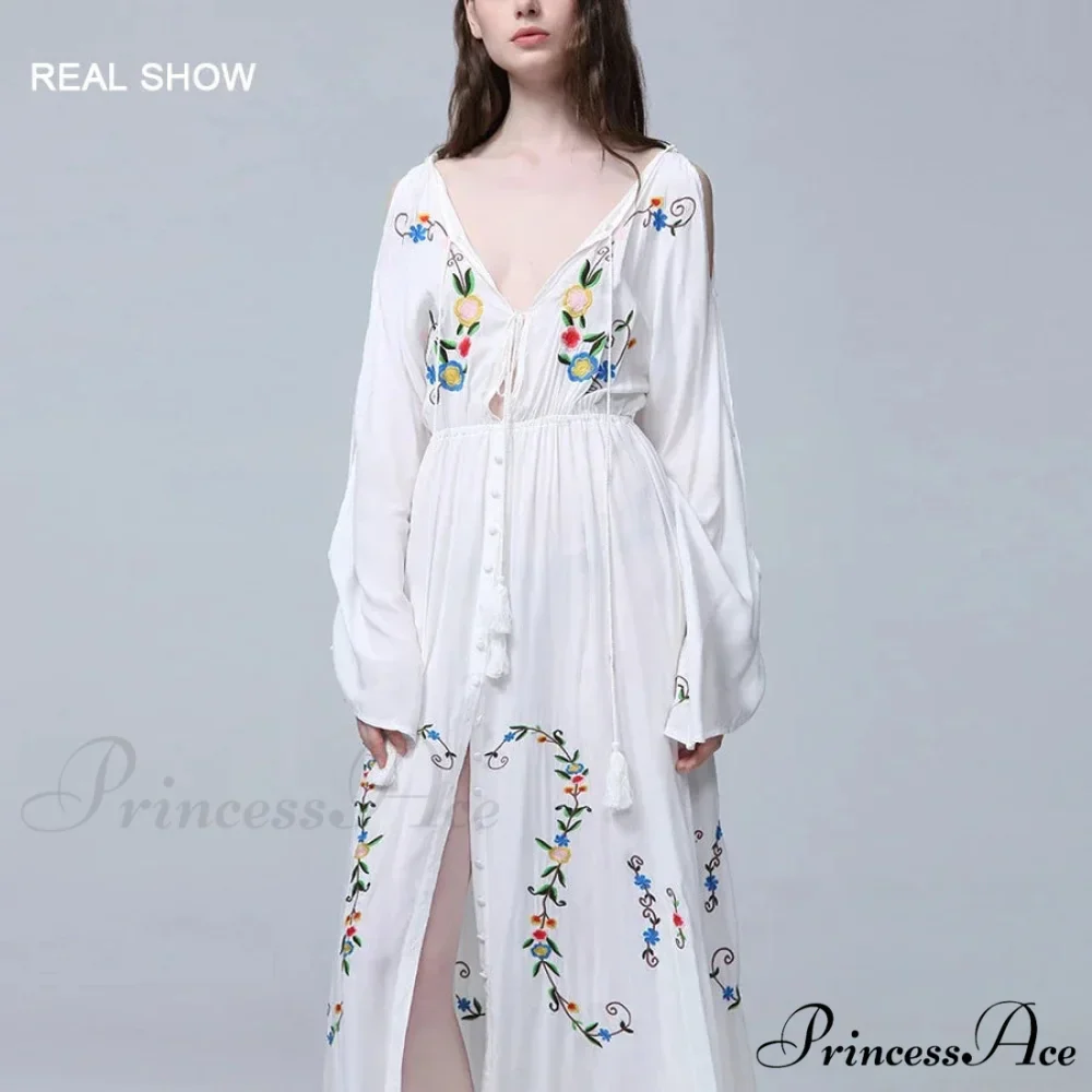 White Long Dress Deep Plunge-neck Floral Stitching Cotton Rayon Summer Dress - Image 3