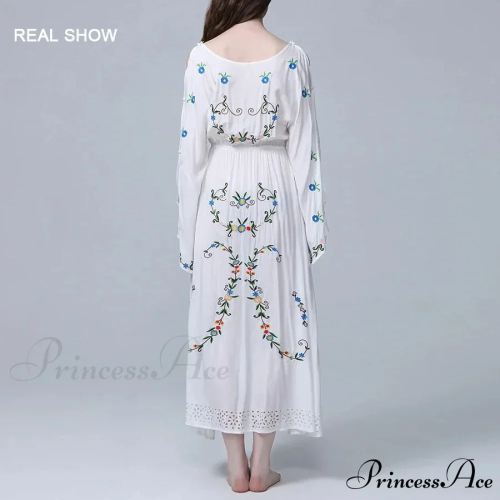 White Long Dress Deep Plunge-neck Floral Stitching Cotton Rayon Summer Dress - Image 4