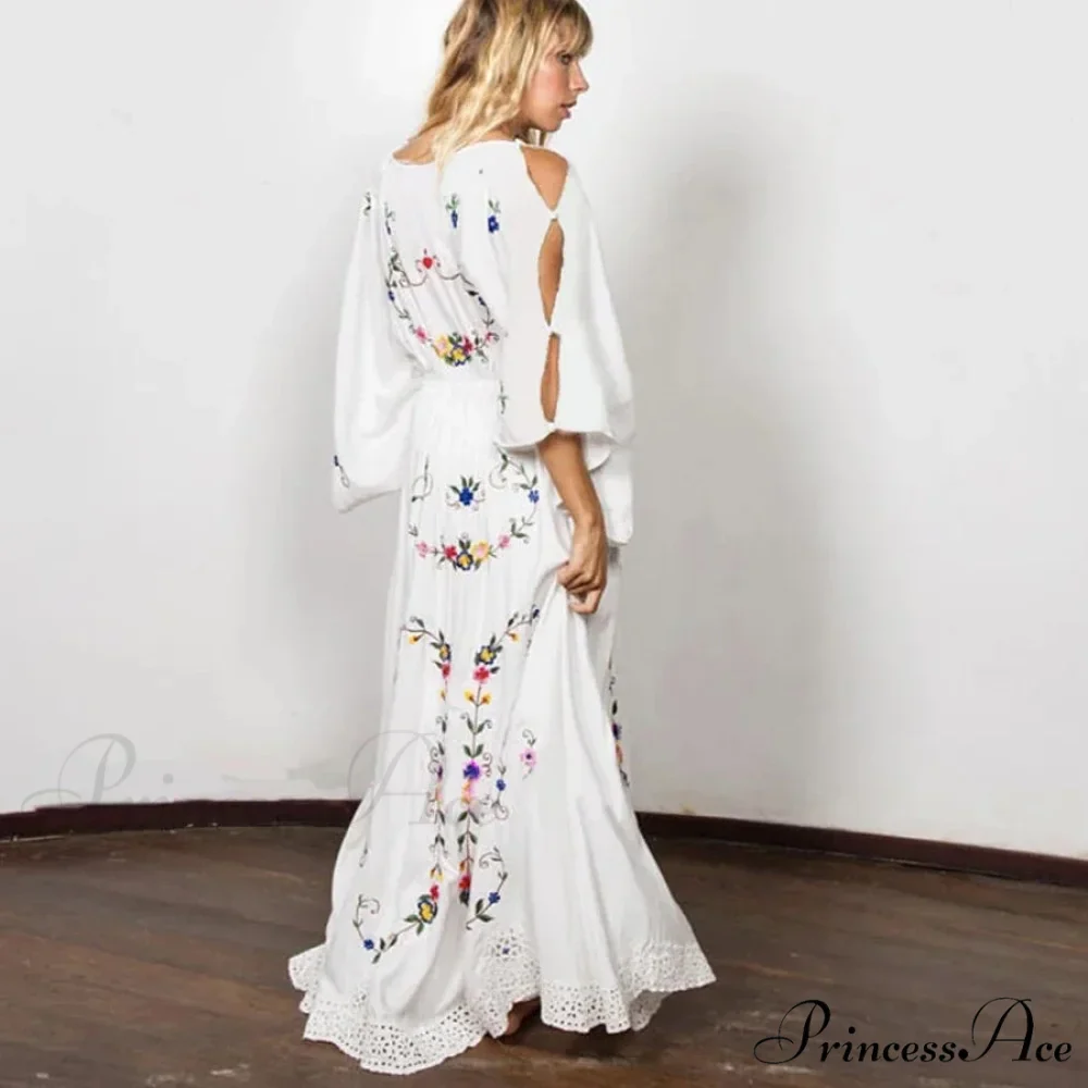 White Long Dress Deep Plunge-neck Floral Stitching Cotton Rayon Summer Dress - Image 6