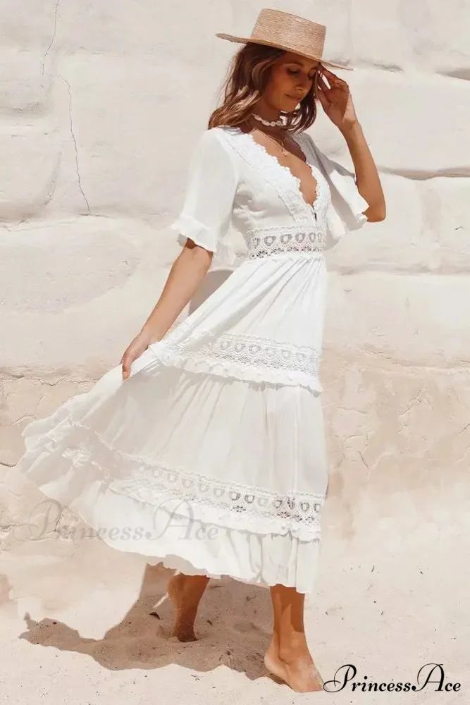 White Long Dress Hollow Waist Deep V-neck Dress - Image 2