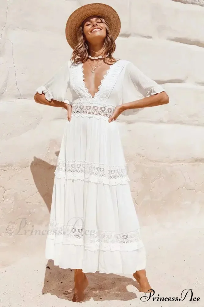 White Long Dress Hollow Waist Deep V-neck Dress - Image 3