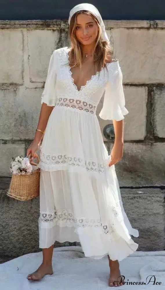 White Long Dress Hollow Waist Deep V-neck Dress - Image 4