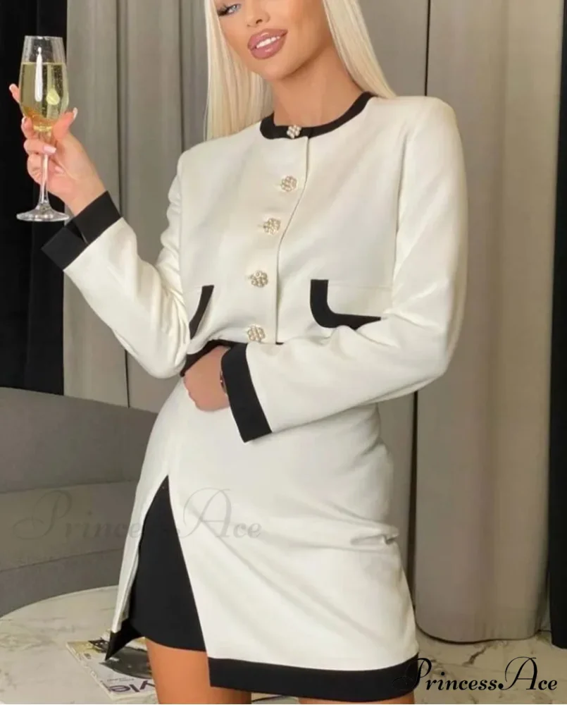 White Patchwork Side Slit Mini Workplace Two Piece Set
