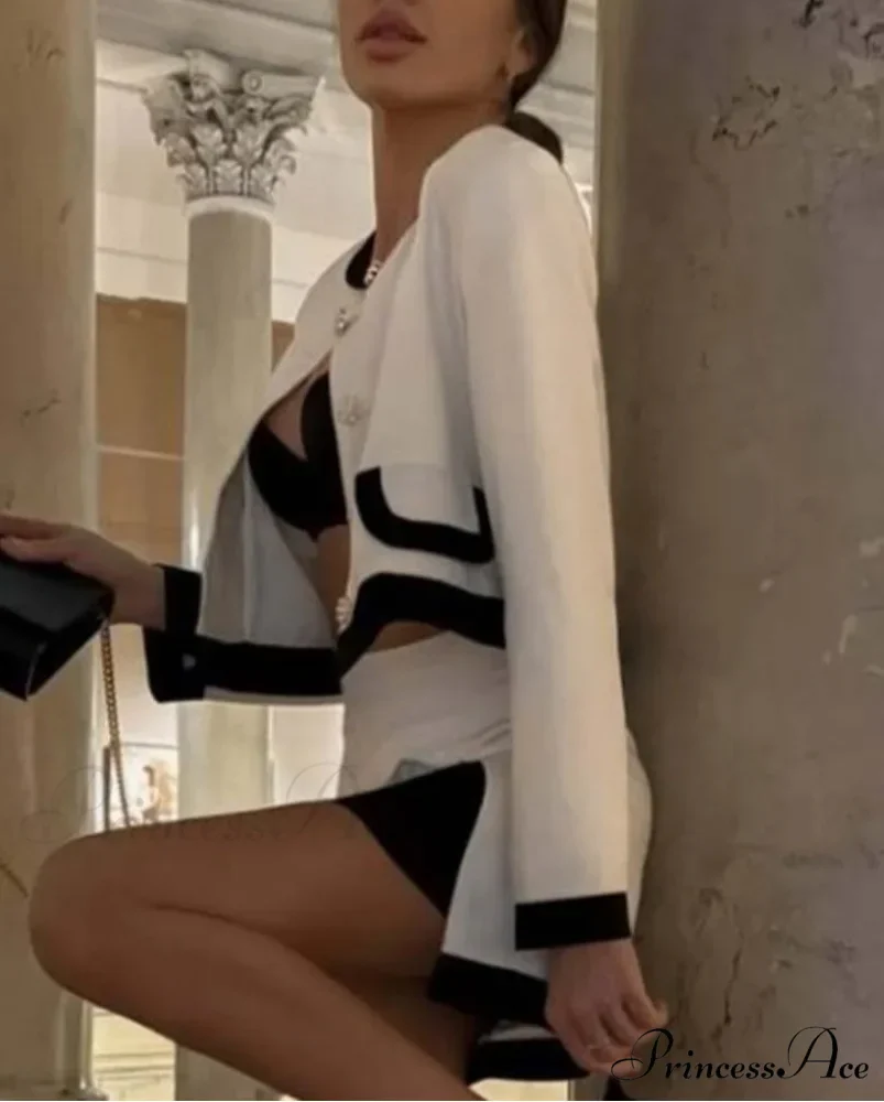 White Patchwork Side Slit Mini Workplace Two Piece Set - Image 2