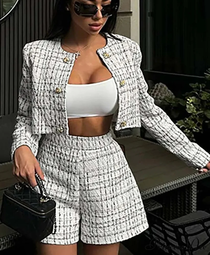 White Printed O-Neck Crop Blouse Workplace Two Piece Set - Image 2