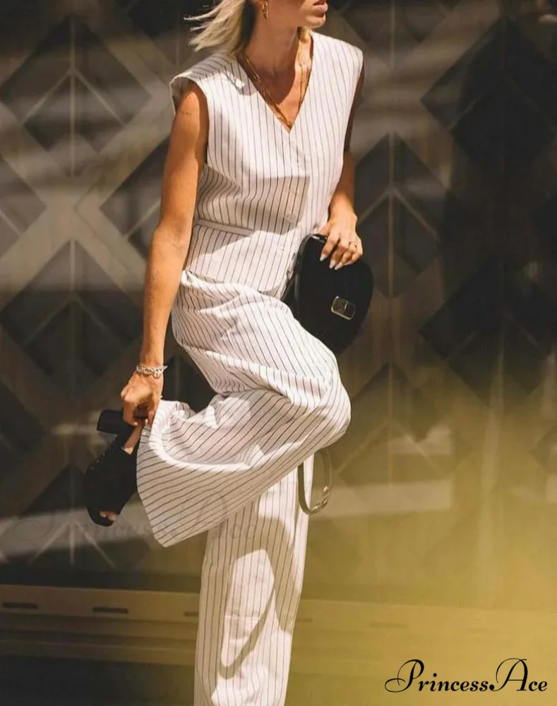 White Printed V-Neck Sleeveless Pants Office Two Piece Set - Image 2