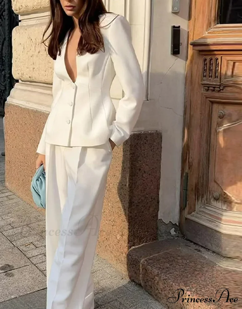 White Profound Plunge-neck Blazer Trousers Office Two Piece Set - Image 2
