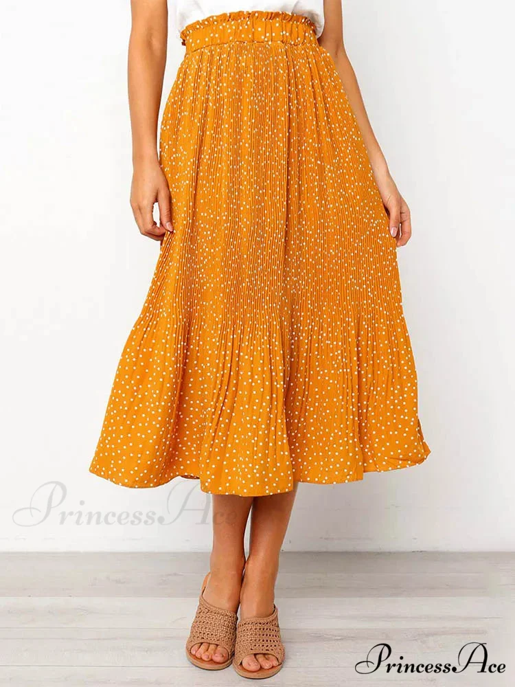 White Spots Floral Pattern Pleated Midi Skirt with Pockets - Image 11