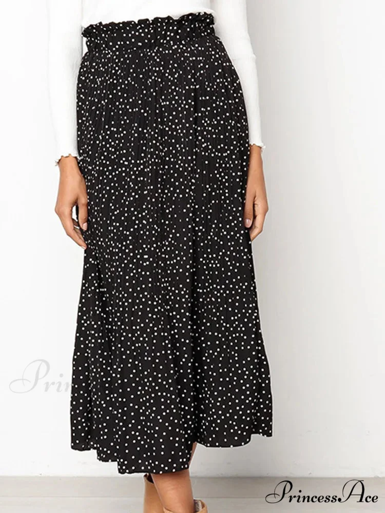 White Spots Floral Pattern Pleated Midi Skirt with Pockets - Image 2