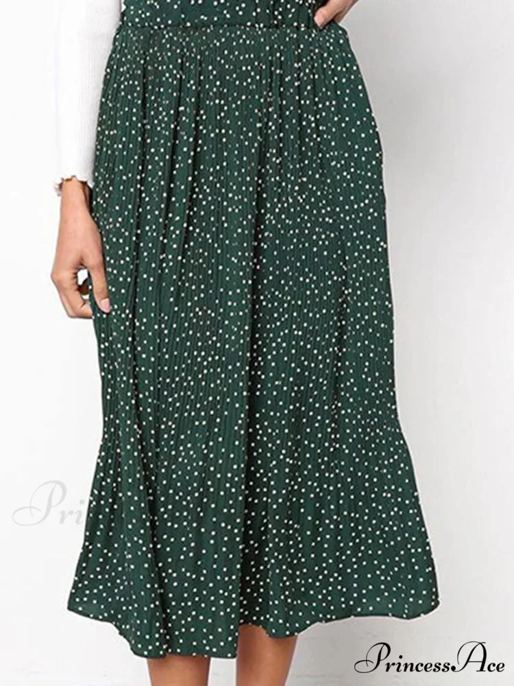 White Spots Floral Pattern Pleated Midi Skirt with Pockets - Image 3