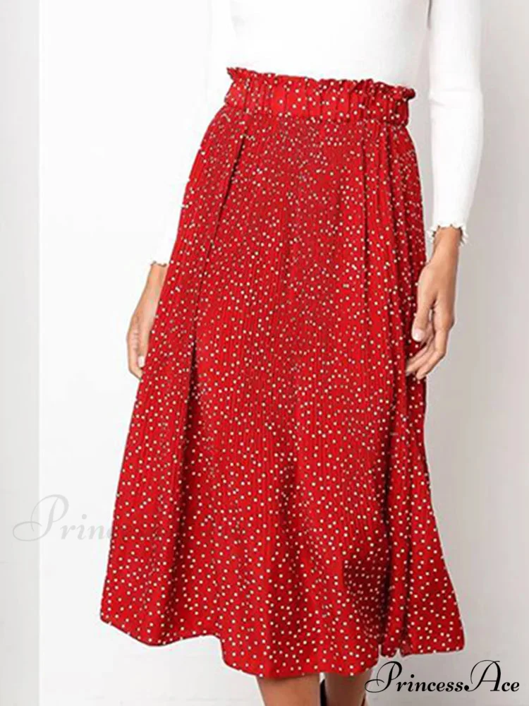 White Spots Floral Pattern Pleated Midi Skirt with Pockets - Image 4