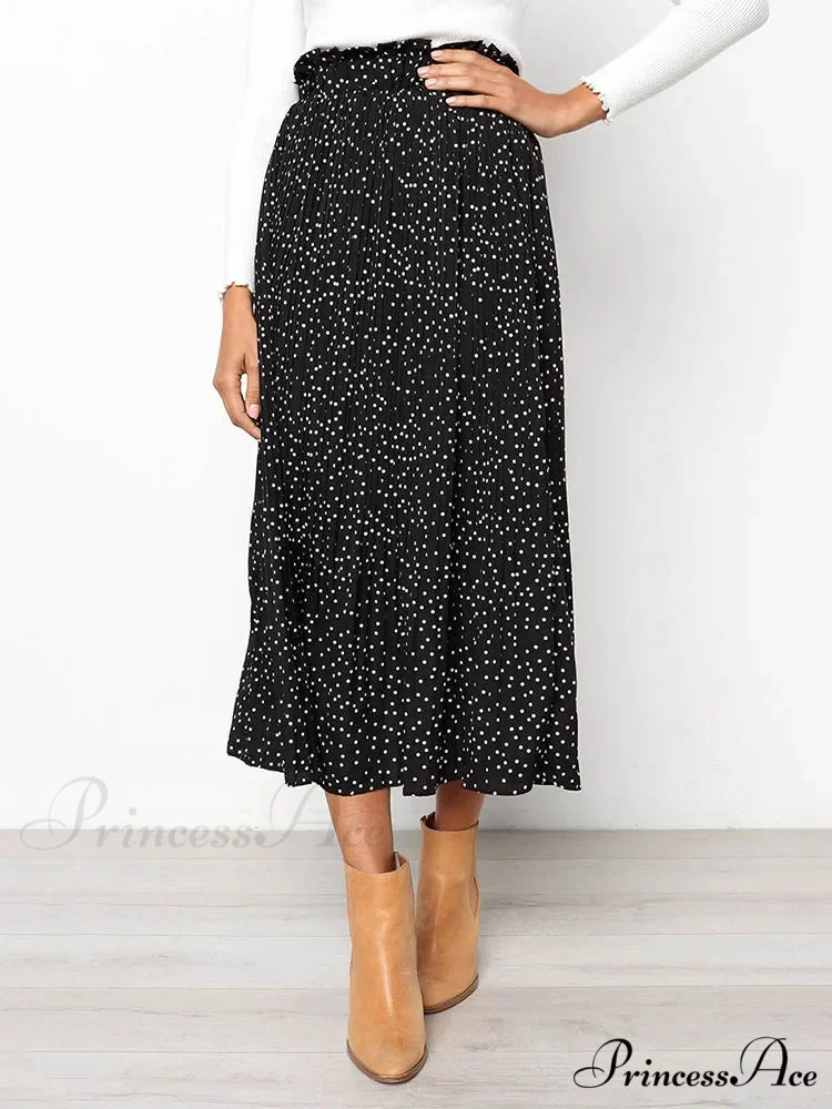 White Spots Floral Pattern Pleated Midi Skirt with Pockets - Image 6