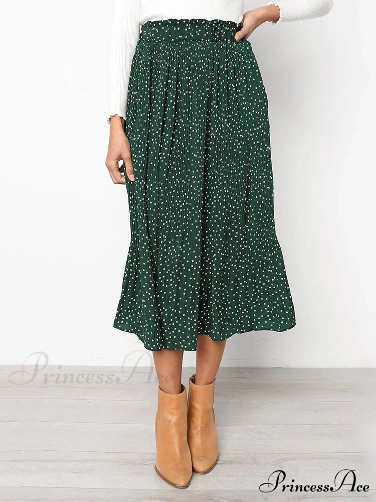 White Spots Floral Pattern Pleated Midi Skirt with Pockets - Image 8