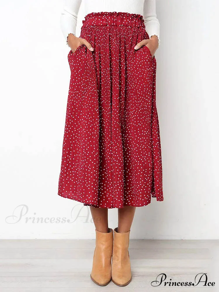 White Spots Floral Pattern Pleated Midi Skirt with Pockets - Image 9