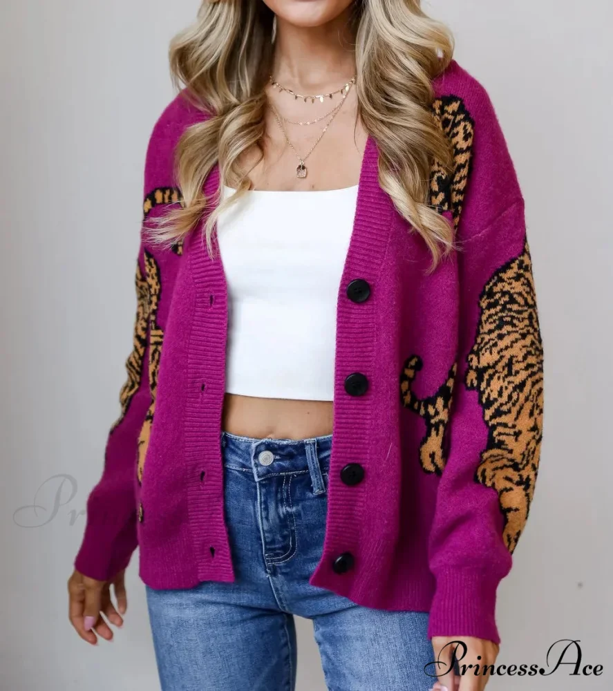 Wildcat Pattern Button-Up Knit Cardigan - Image 2