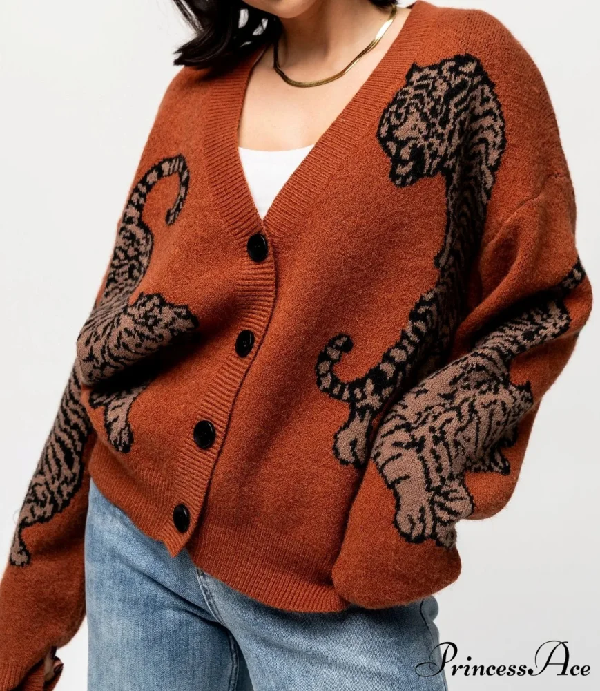 Wildcat Pattern Button-Up Knit Cardigan - Image 4