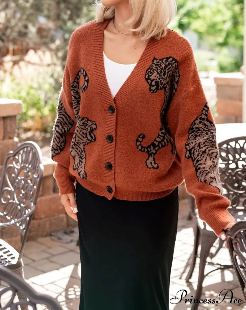 Wildcat Pattern Button-Up Knit Cardigan - Image 5