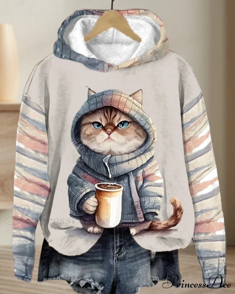 with Long-sleeved hoodie cat pattern - Image 3