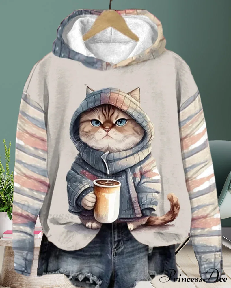 with Long-sleeved hoodie cat pattern - Image 4