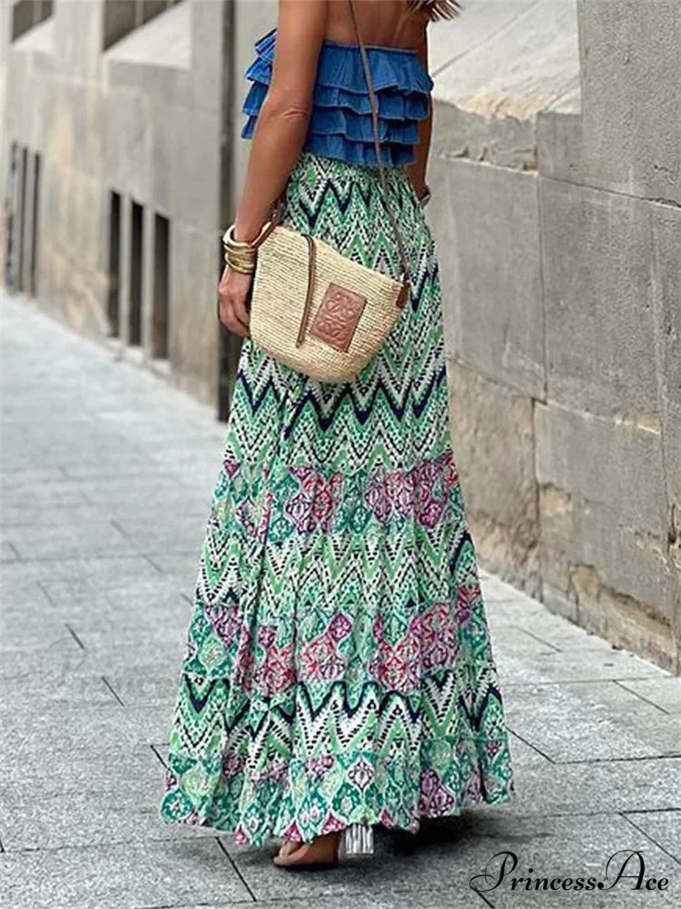 Women Flowy Boho Skirt Printed Ruffled Hem Summer Vacation Club Skirt
Flowy Boho Skirt Printed Ruffled Hem Vacation Club Skirt - Image 4