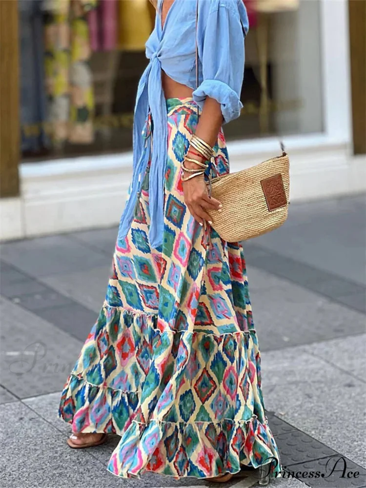 Women Flowy Boho Skirt Printed Ruffled Hem Summer Vacation Club Skirt
Flowy Boho Skirt Printed Ruffled Hem Vacation Club Skirt - Image 5