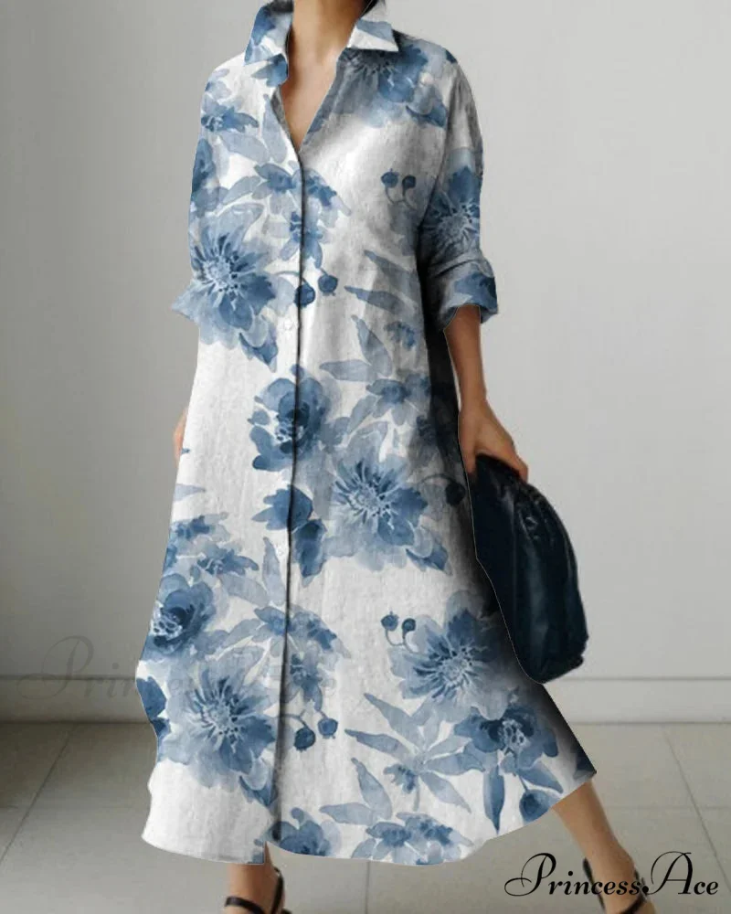 Women's Collar Extended Sleeve Flower Pattern Shirt Dress - Image 10