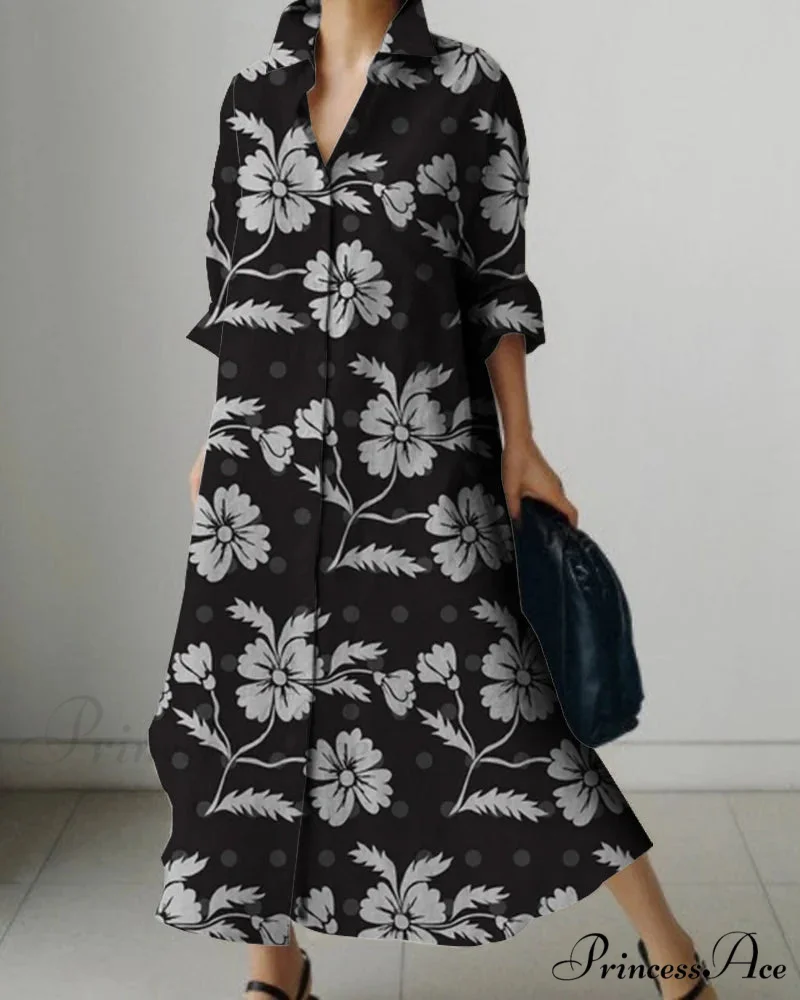 Women's Collar Extended Sleeve Flower Pattern Shirt Dress - Image 2