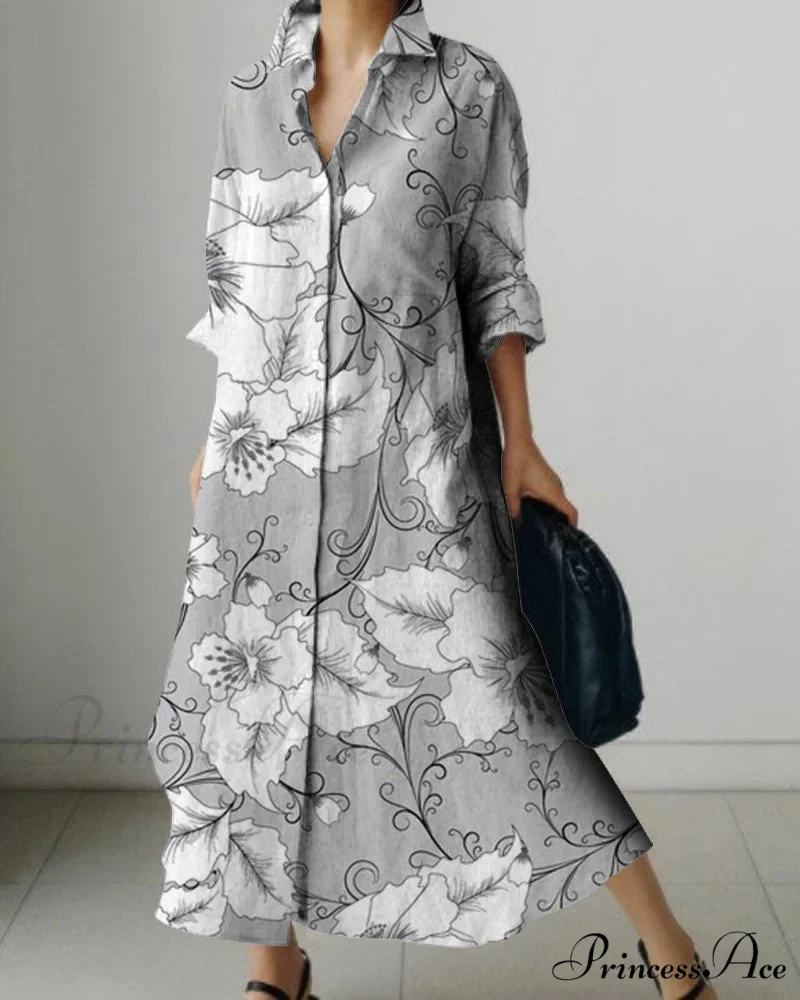 Women's Collar Extended Sleeve Flower Pattern Shirt Dress - Image 3
