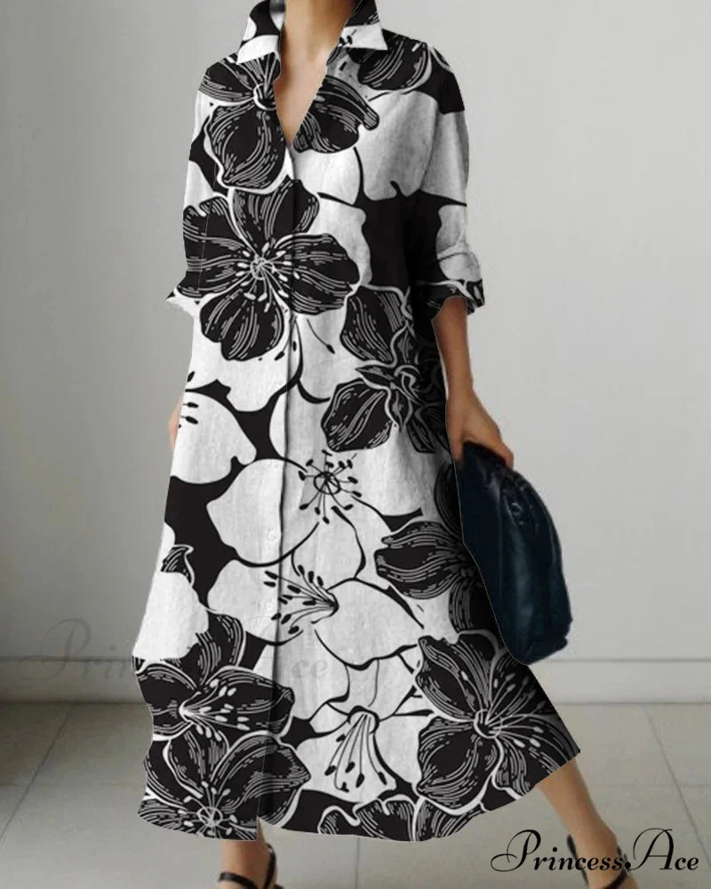 Women's Collar Extended Sleeve Flower Pattern Shirt Dress - Image 4