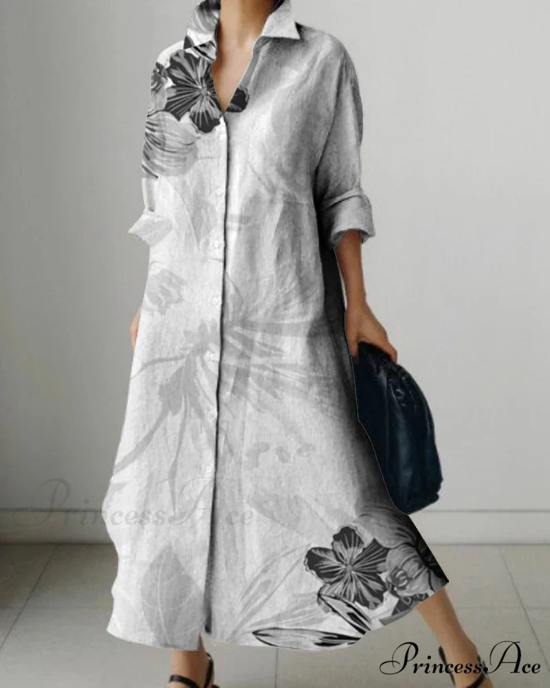 Women's Collar Extended Sleeve Flower Pattern Shirt Dress - Image 5