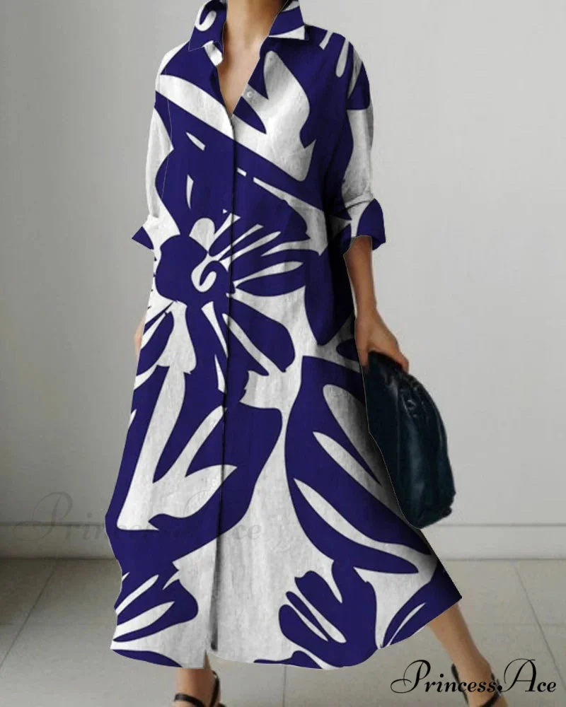 Women's Collar Extended Sleeve Flower Pattern Shirt Dress - Image 6