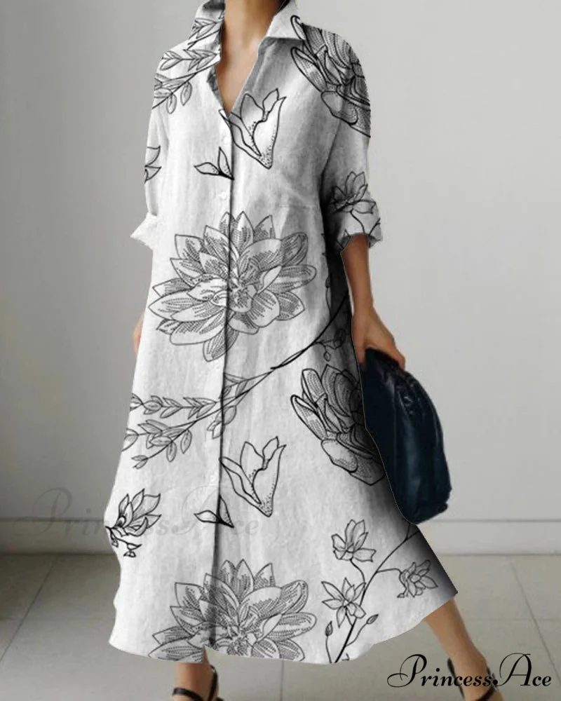 Women's Collar Extended Sleeve Flower Pattern Shirt Dress - Image 7