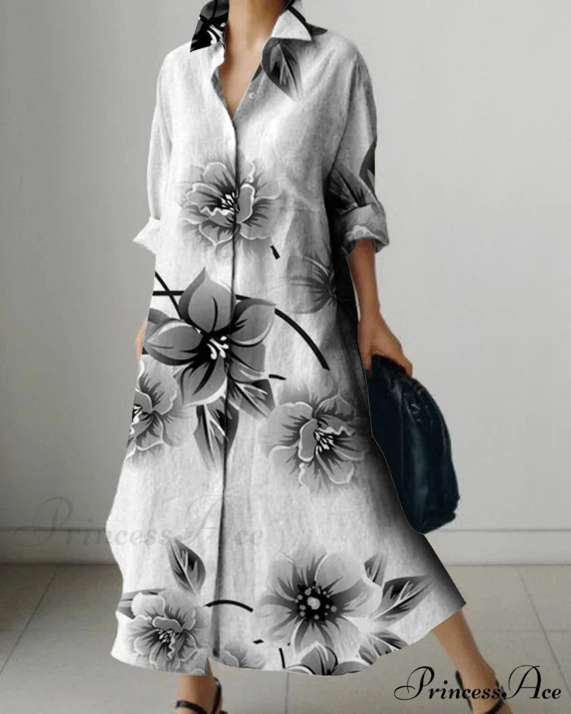 Women's Collar Extended Sleeve Flower Pattern Shirt Dress - Image 8