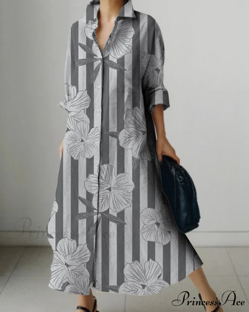 Women's Collar Extended Sleeve Flower Pattern Shirt Dress - Image 9